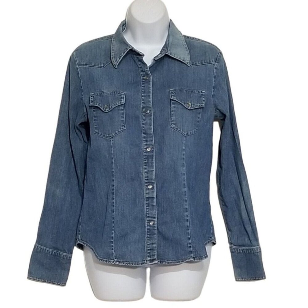 Vintage Gap Stretch Pearl Snap Denim Women’s Long Sleeve Jean Shirt Small Faded‎